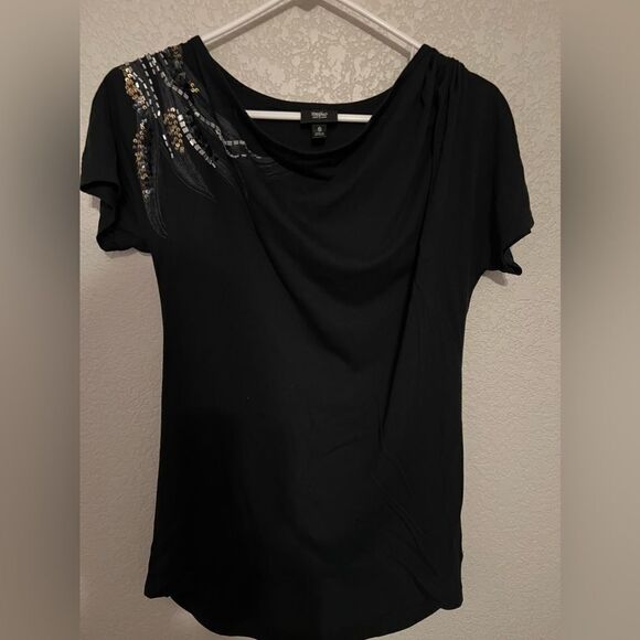 ❄️ Mossimo Women’s Beaded Sequin Gathered Shoulder Black Short Sleeve SIZE SMALL - Picture 2 of 7